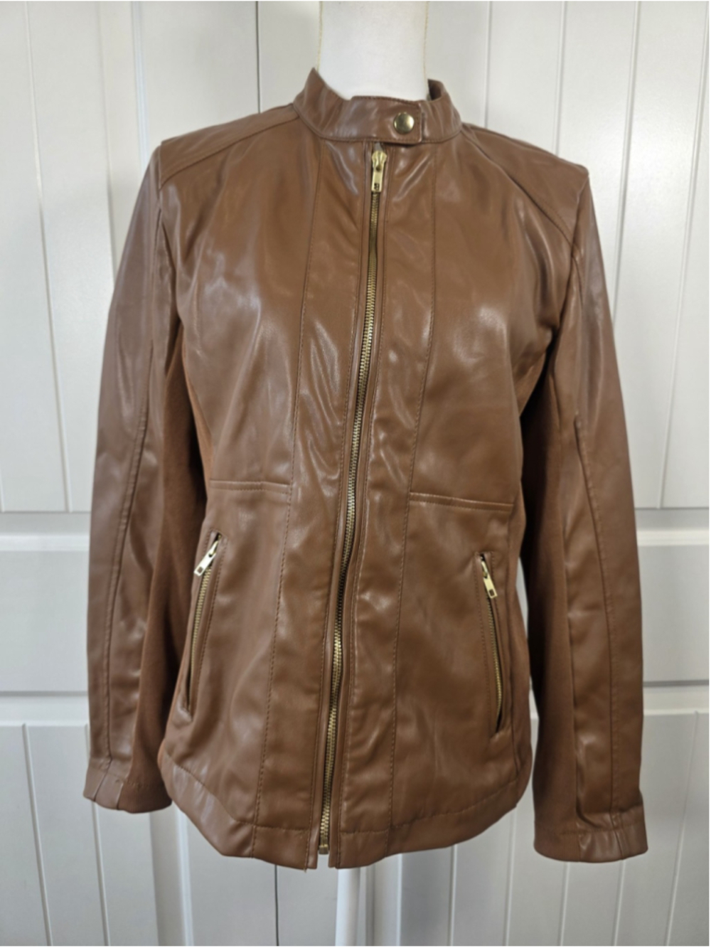 a.n.a A New Approach Faux Leather Moto Jacket Womens Sz L Brown Gold Zip Stretch
